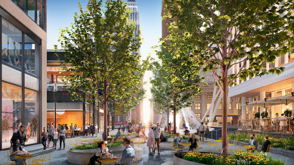 TOP: PENN 2’s new entrance will be located off of the newly built tree-lined 33rd Street plaza. 