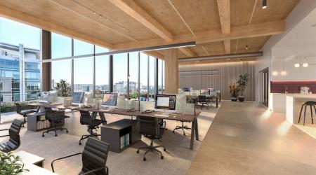 Interior view of an office building constructed with Mass Timber.